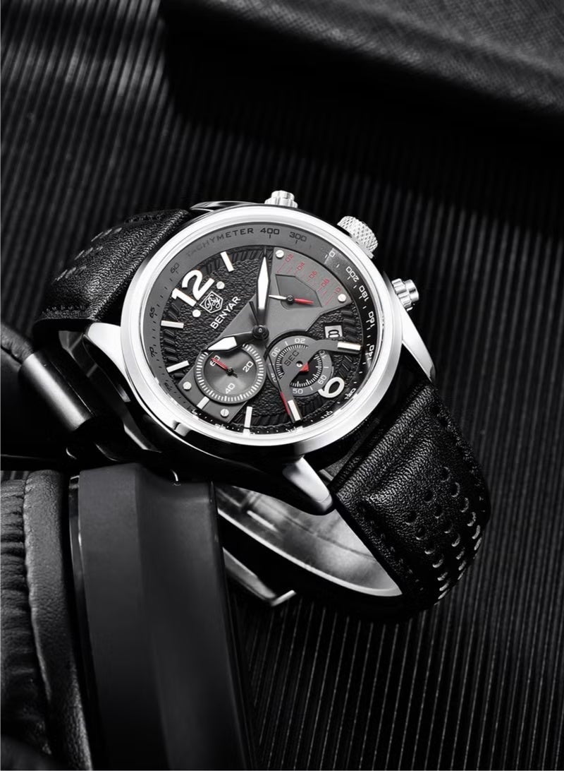 BENYAR Men's Quartz Watches Genuine Leather Sports Wrist Watch for Men Waterproof,Silver Black - Image 4